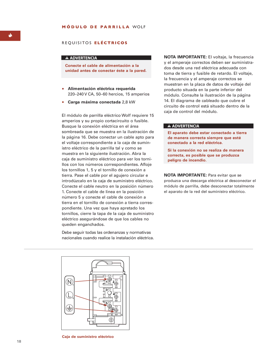 Wolf Appliance Company ICBIG15/S installation instructions Alimentación eléctrica requerida, Carga máxima conectada 2,8 kW 