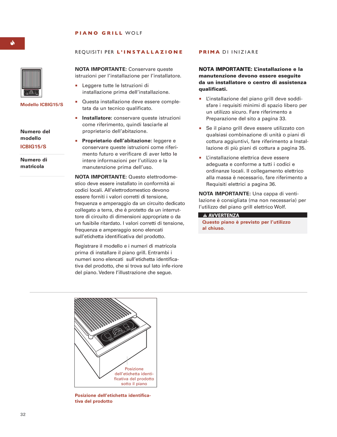 Wolf Appliance Company ICBIG15/S installation instructions Numero del modello, Numero di matricola, I M a DI Iniziare 