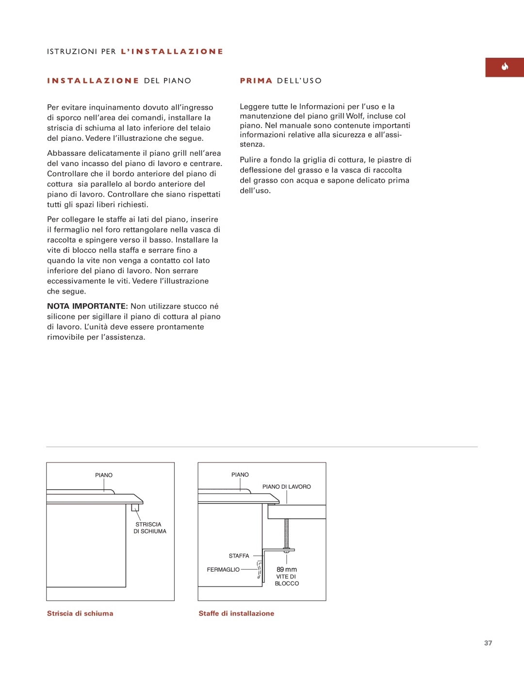 Wolf Appliance Company ICBIG15/S installation instructions Striscia di schiuma Staffe di installazione 