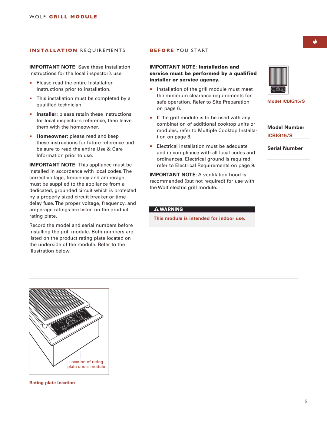 Wolf Appliance Company ICBIG15/S Wo L F G R I L L M O D U L E, F O R E Yo U S Ta Rt, Model Number, Serial Number 