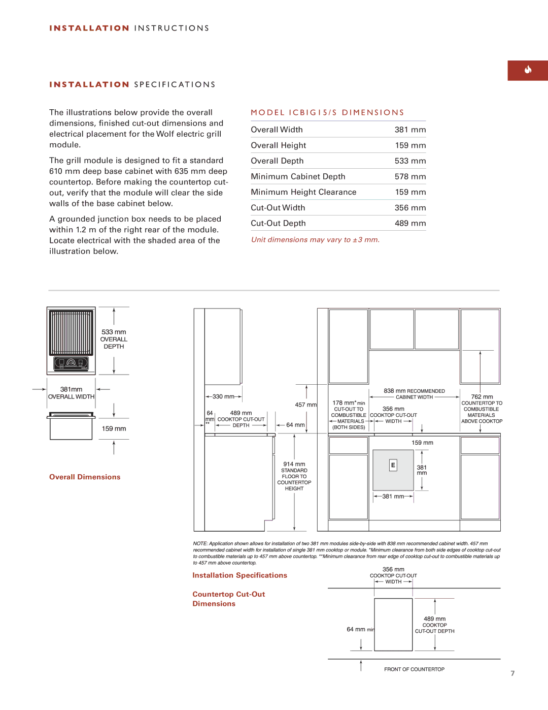 Wolf Appliance Company ICBIG15/S S Ta L L At I O N I N S T Ru C T I O N S, S Ta L L At I O N S P E C I F I C At I O N S 