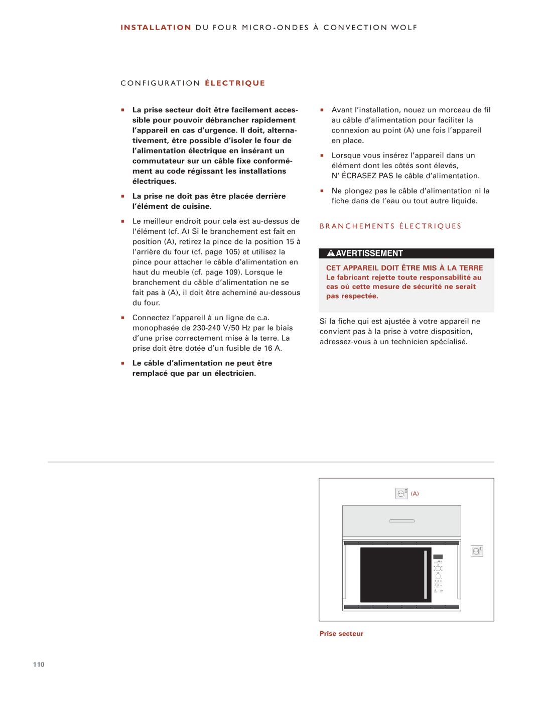 Wolf Appliance Company ICBMW30-240, ICBMW30-230 manual A N C H E M E N T S É L E C T R I Q U E S 