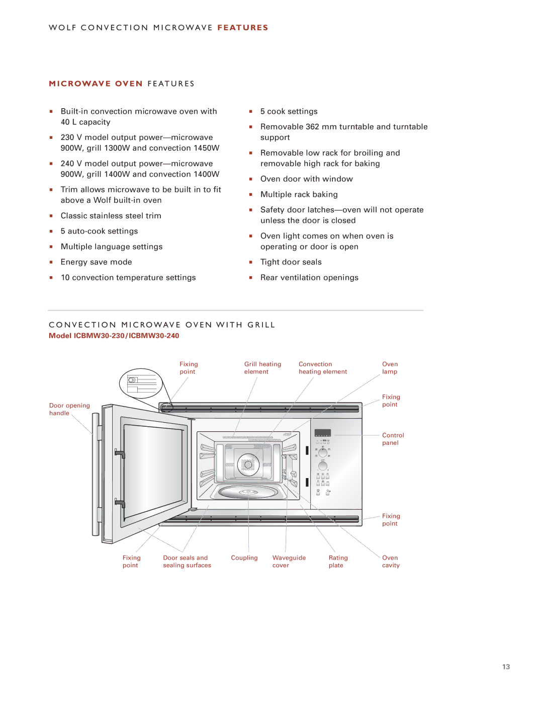 Wolf Appliance Company manual C R Owav E OV E N F E a T U R E S, Model ICBMW30-230/ICBMW30-240 