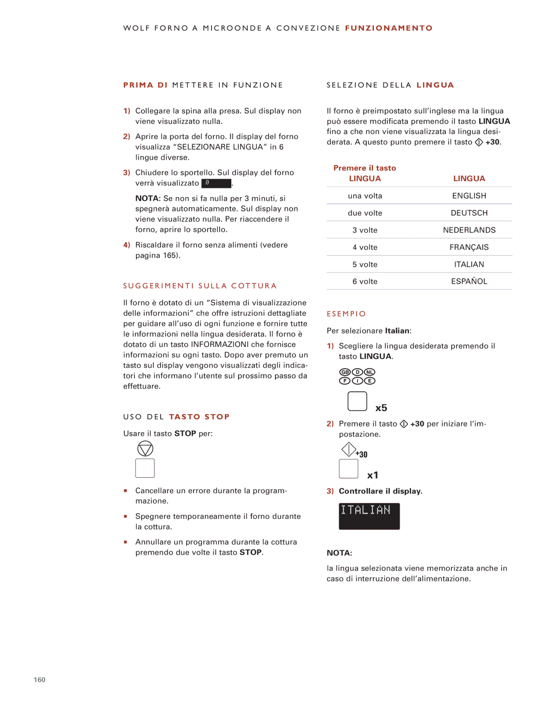 Wolf Appliance Company ICBMW30-240, ICBMW30-230 Premere il tasto, Lingua, O D E L TA S to S to P, Controllare il display 