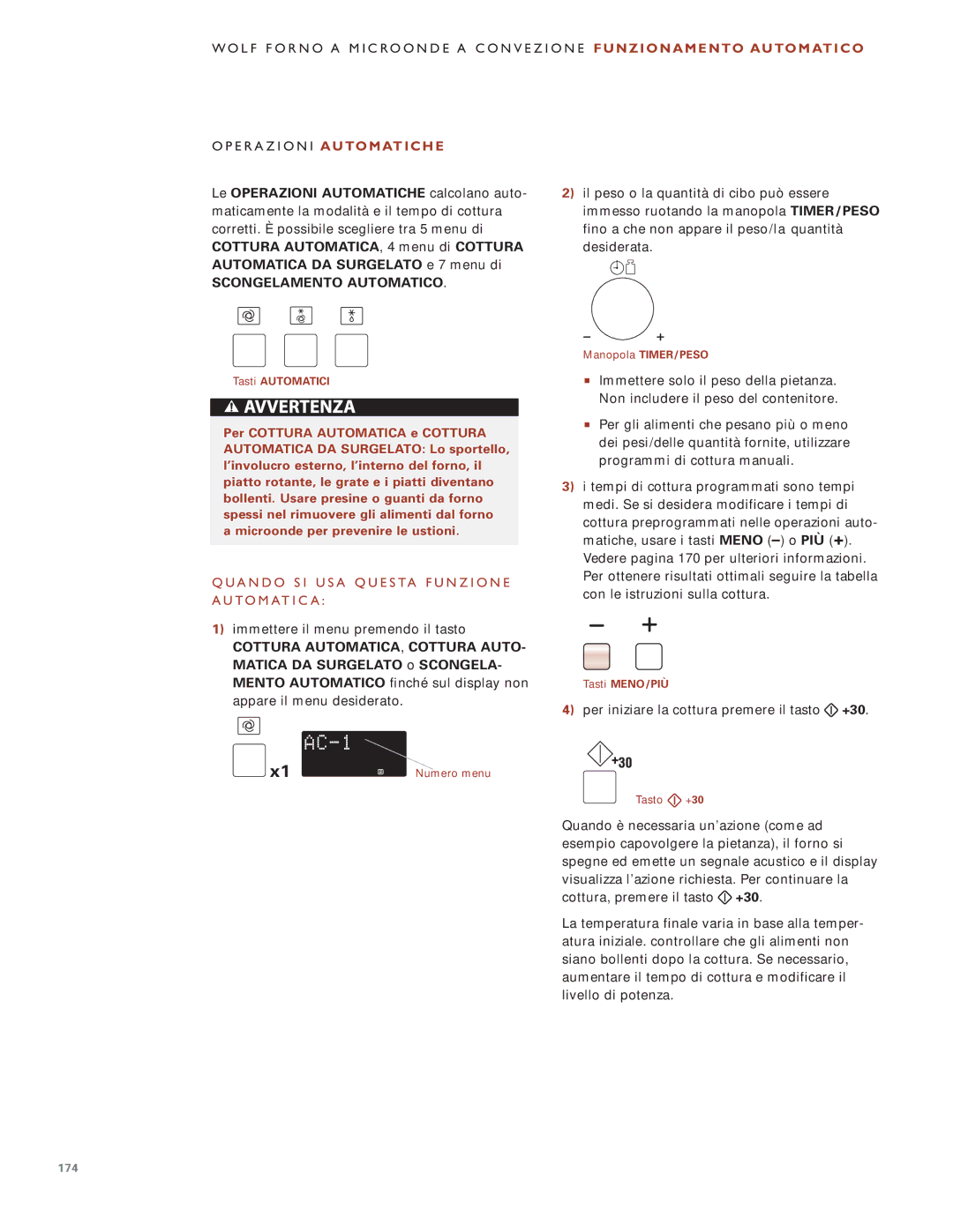 Wolf Appliance Company ICBMW30-240 manual Le Operazioni Automatiche calcolano auto, Cottura AUTOMATICA, 4 menu di Cottura 