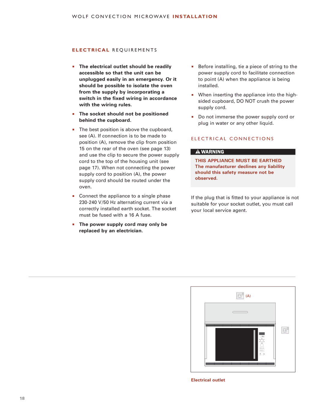 Wolf Appliance Company ICBMW30-240 manual Power supply cord may only be replaced by an electrician, Electrical outlet 