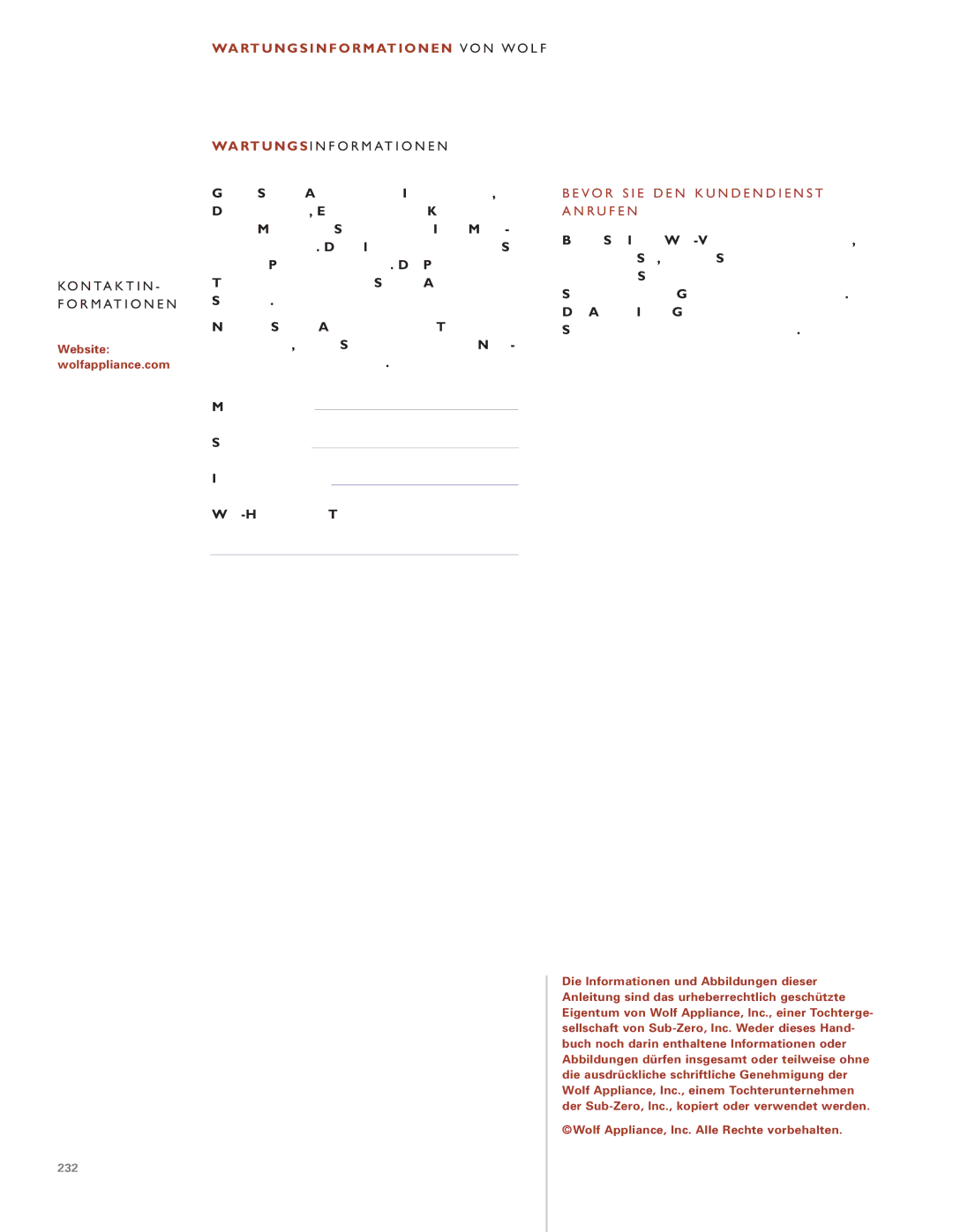 Wolf Appliance Company ICBMW30-240, ICBMW30-230 manual Wa R T U N G S I N F O R M At I O N E N V O N W O L F 