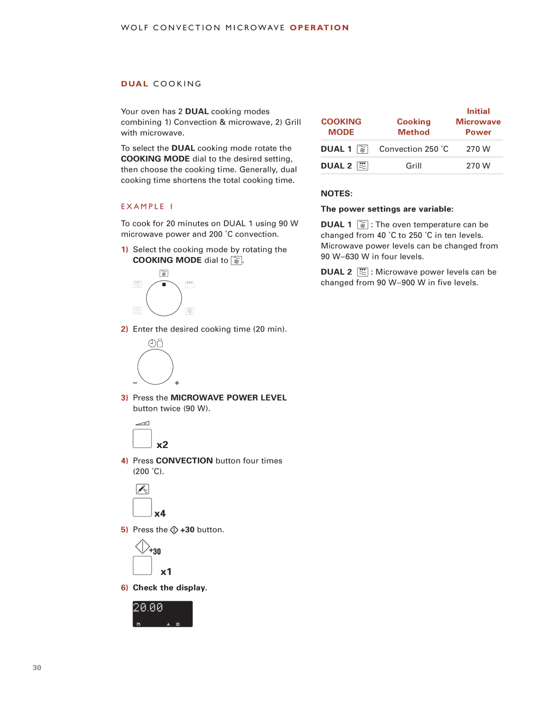 Wolf Appliance Company ICBMW30-240, ICBMW30-230 manual Cooking Mode dial to Power settings are variable 