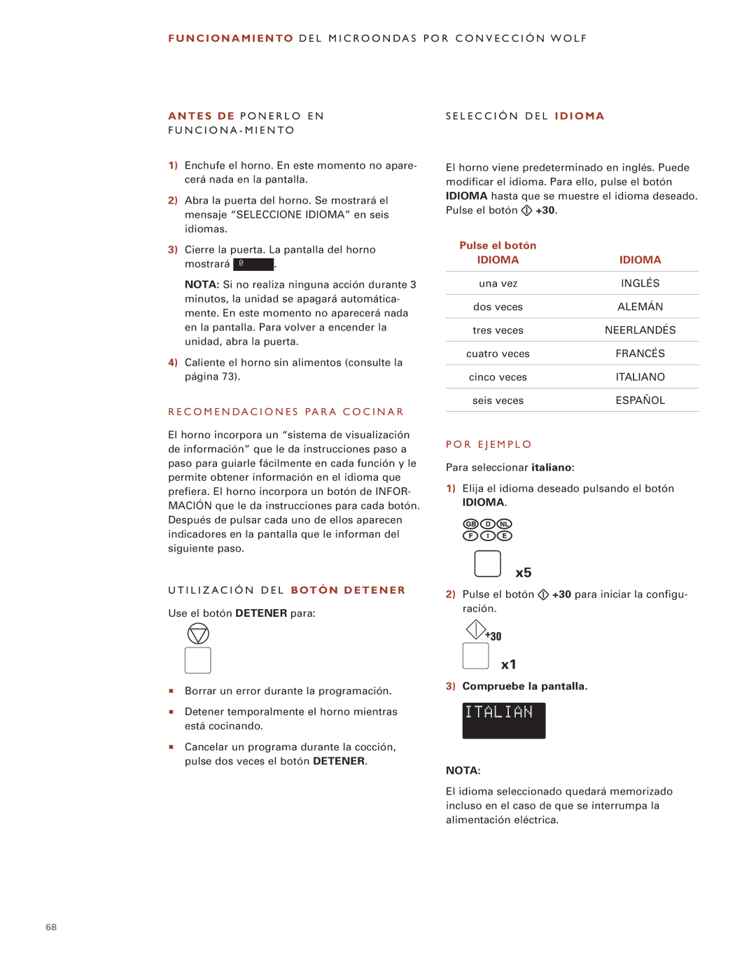 Wolf Appliance Company ICBMW30-240, ICBMW30-230 manual Pulse el botón, Idioma, Compruebe la pantalla, Nota 