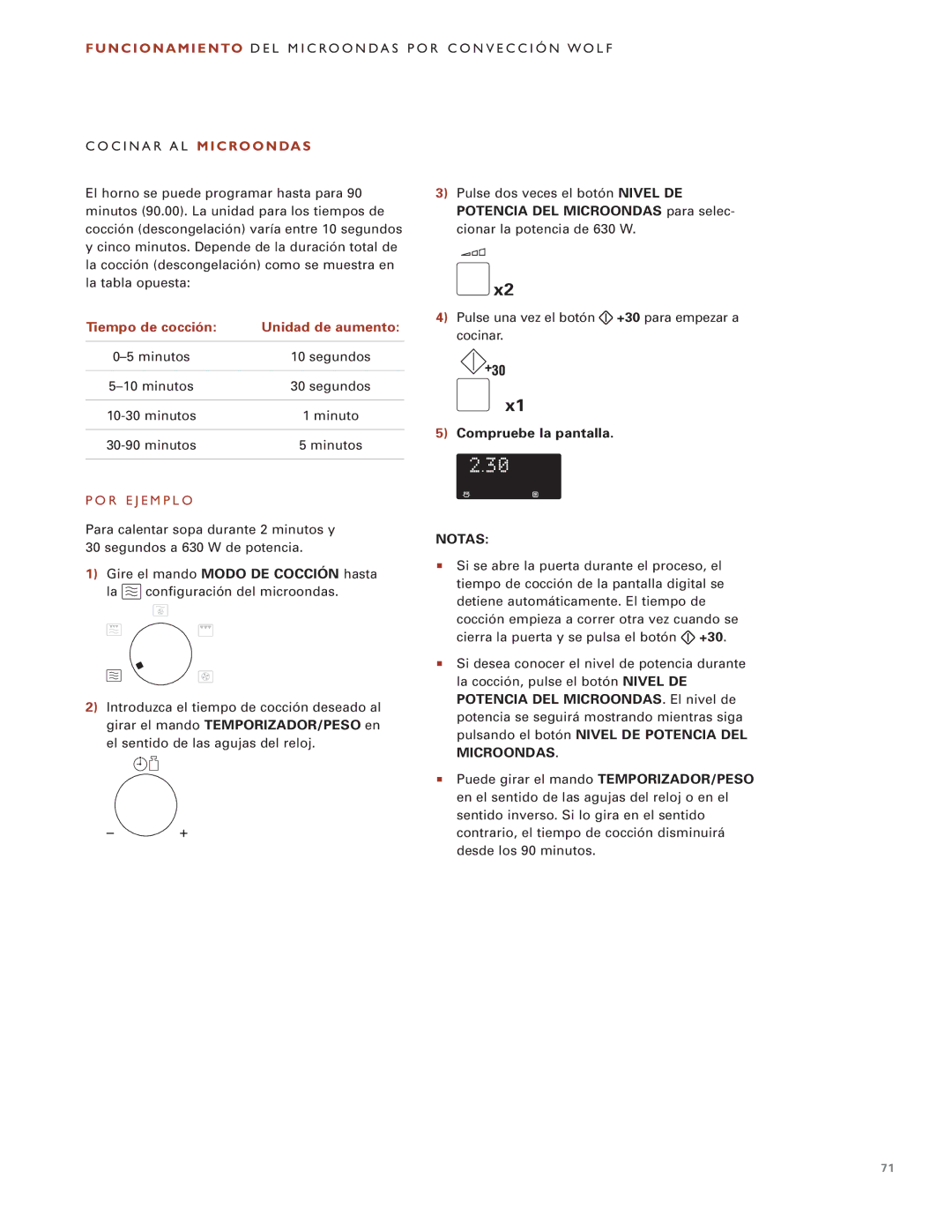 Wolf Appliance Company ICBMW30-230, ICBMW30-240 manual Tiempo de cocción Unidad de aumento, Microondas 