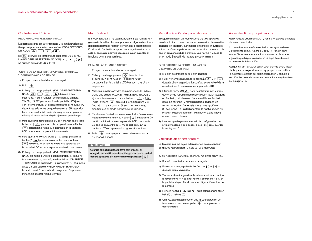 Wolf Appliance Company ICBWWD30 manual Modo Sabbath, Retroiluminación del panel de control, Visualización de temperatura 