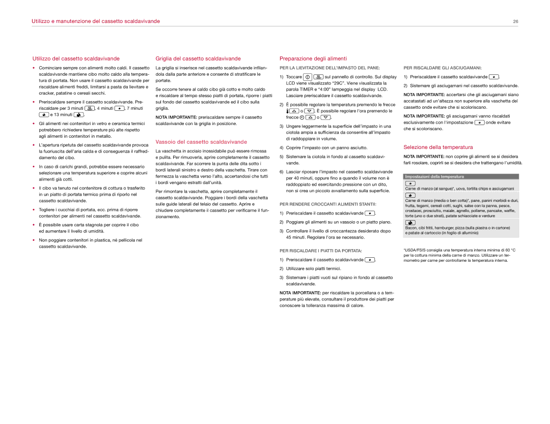 Wolf Appliance Company ICBWWD30 manual Griglia del cassetto scaldavivande, Preparazione degli alimenti 