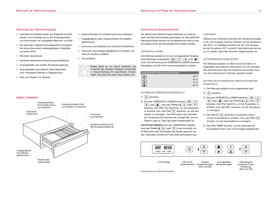 Wolf Appliance Company ICBWWD30 manual Elektronische Bedienelemente, Voreinstellungen, Automatisches Ausschalten 