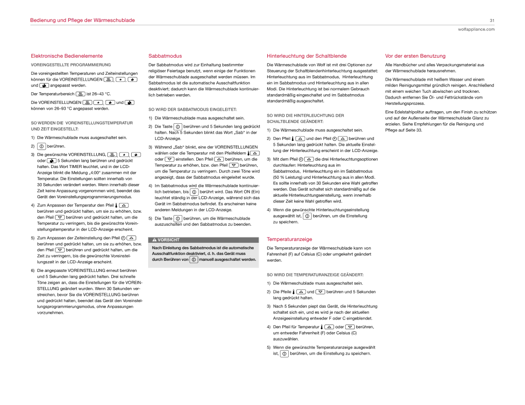 Wolf Appliance Company ICBWWD30 Sabbatmodus, Hinterleuchtung der Schaltblende, Temperaturanzeige, Vor der ersten Benutzung 