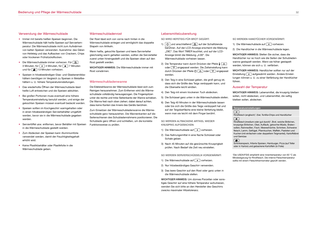 Wolf Appliance Company ICBWWD30 manual Wärmeschubladenrost, Lebensmittelzubereitung, Auswahl der Temperatur 