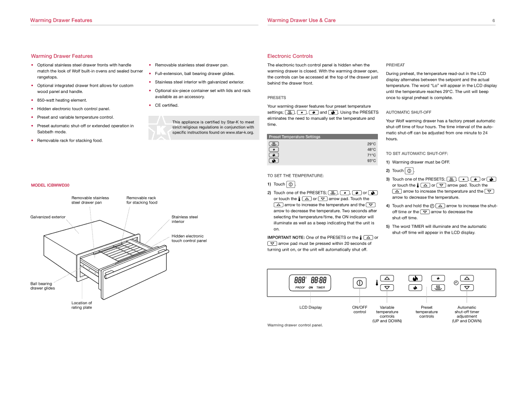 Wolf Appliance Company ICBWWD30 manual Warming Drawer Features, Electronic Controls 