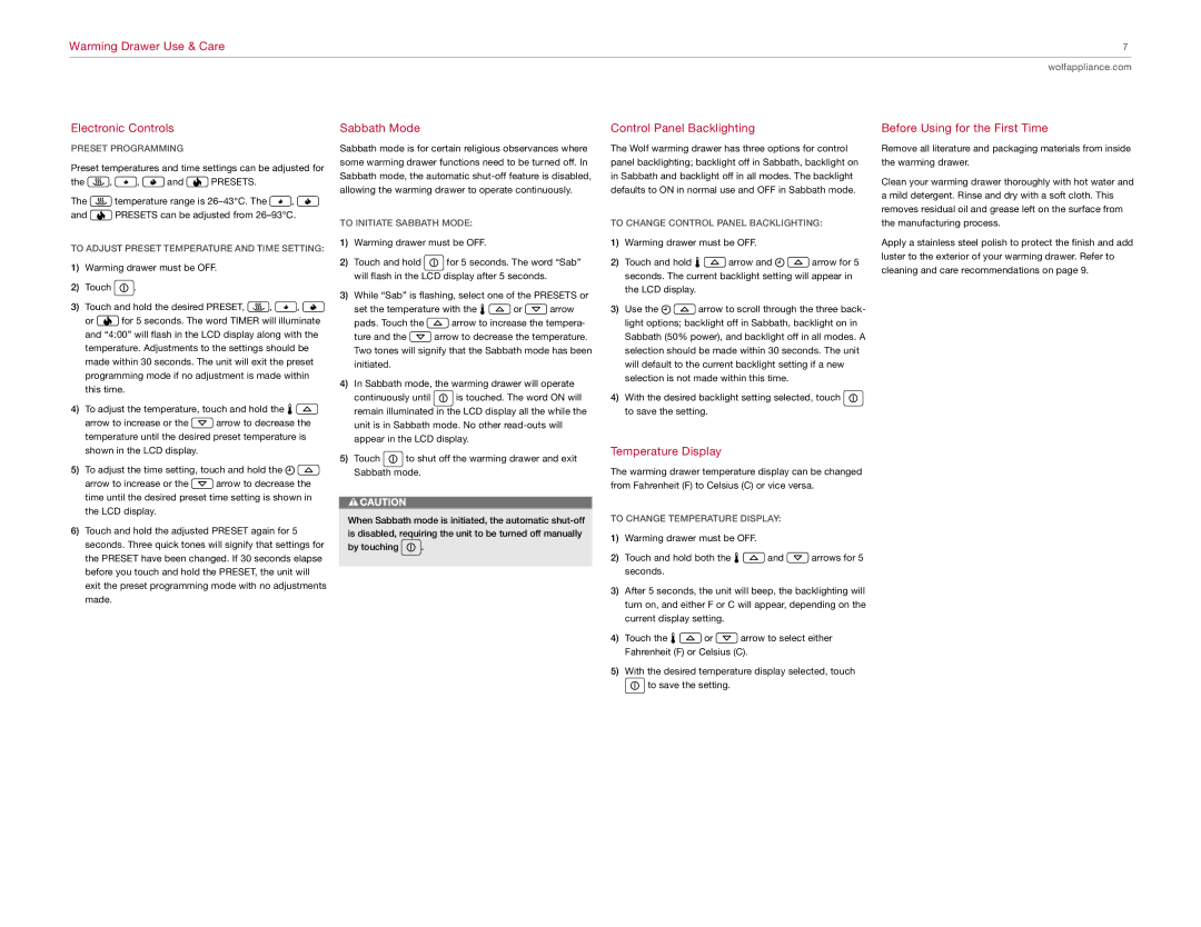 Wolf Appliance Company ICBWWD30 manual Sabbath Mode, Control Panel Backlighting, Temperature Display 