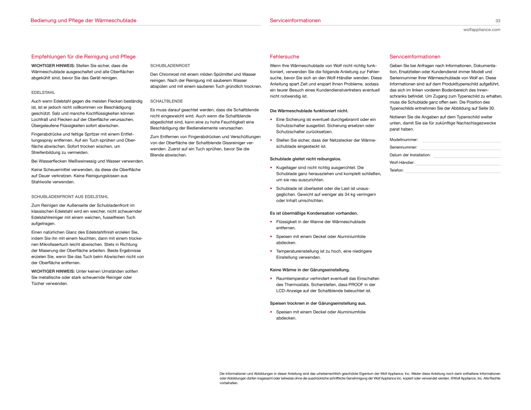 Wolf Appliance Company ICBWWD30 Empfehlungen für die Reinigung und Pflege, Serviceinformationen, Fehlersuche, Edelstahl 