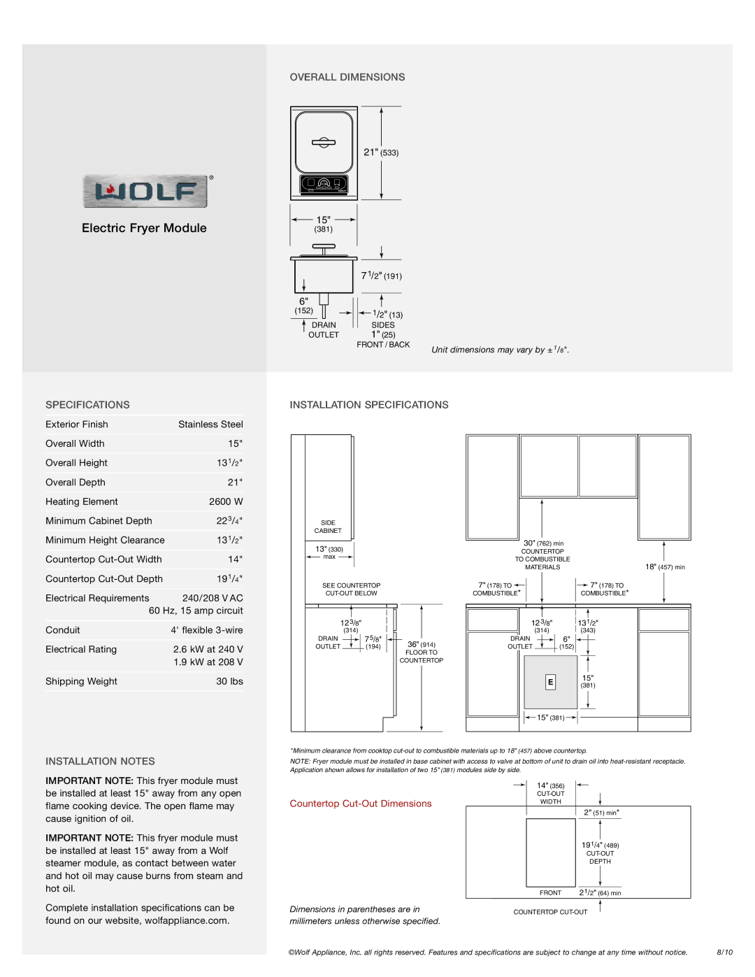 Wolf Appliance Company IF15/S manual Overall Dimensions, Specifications Installation Specifications, Installation Notes 