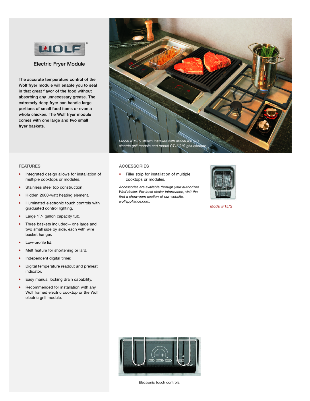 Wolf Appliance Company IF15/S manual Electric Fryer Module, Features, Accessories 