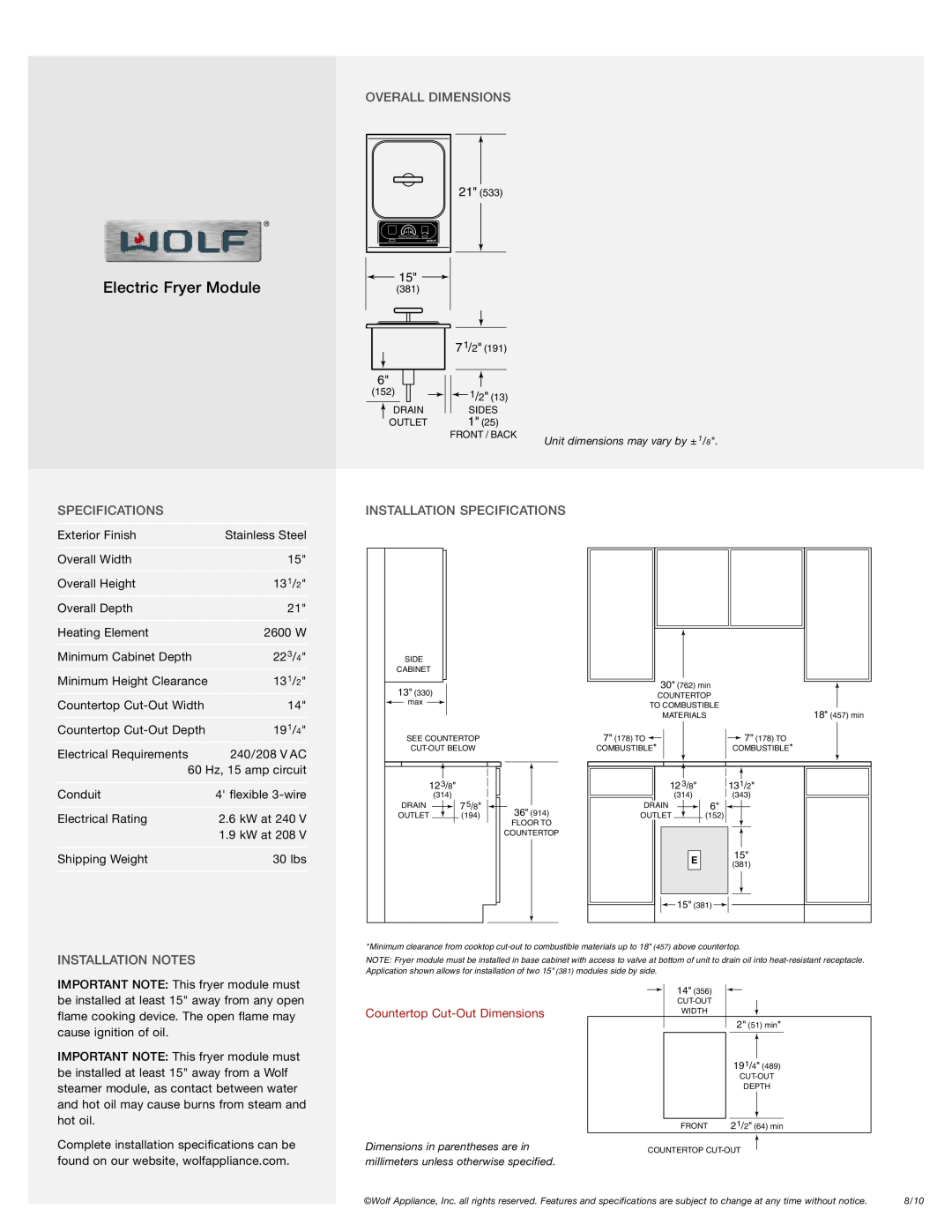 Wolf Appliance Company IF15/S manual Overall Dimensions, Installation Specifications, Installation Notes 