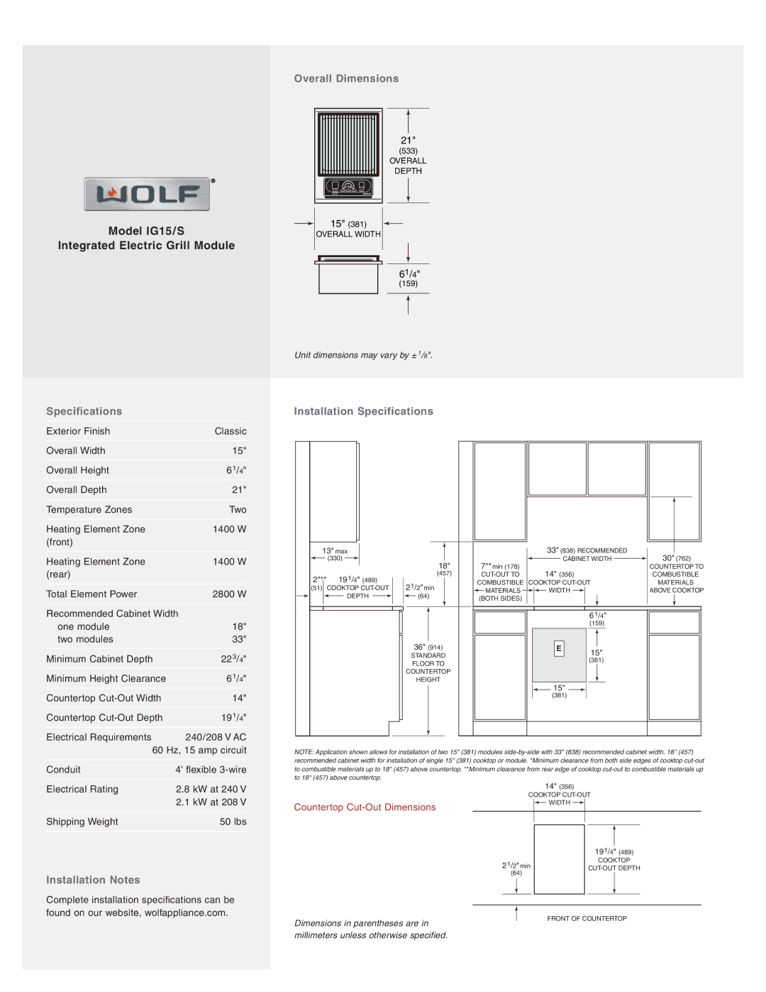 Wolf Appliance Company IG15/S manual Overall Dimensions, Specifications Installation Specifications, Installation Notes 