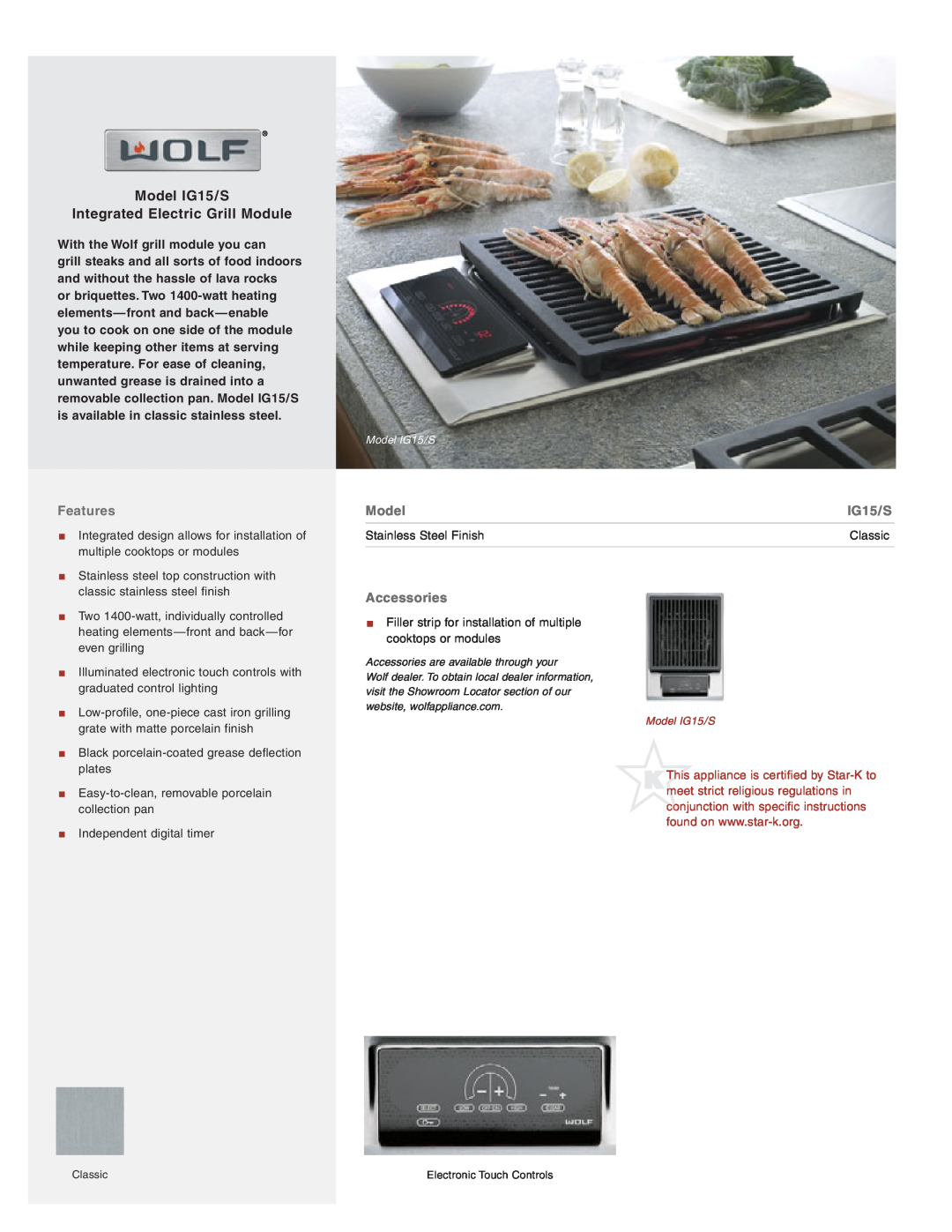 Wolf Appliance Company manual Model IG15/S Integrated Electric Grill Module, Features, Accessories 