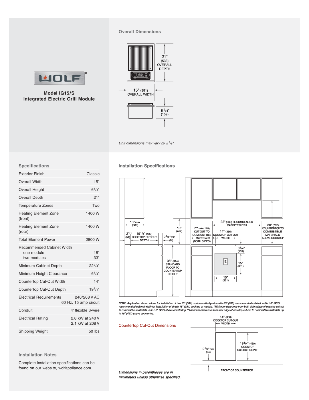 Wolf Appliance Company IG15/S manual Overall Dimensions, Installation Specifications, Installation Notes, 61/4 