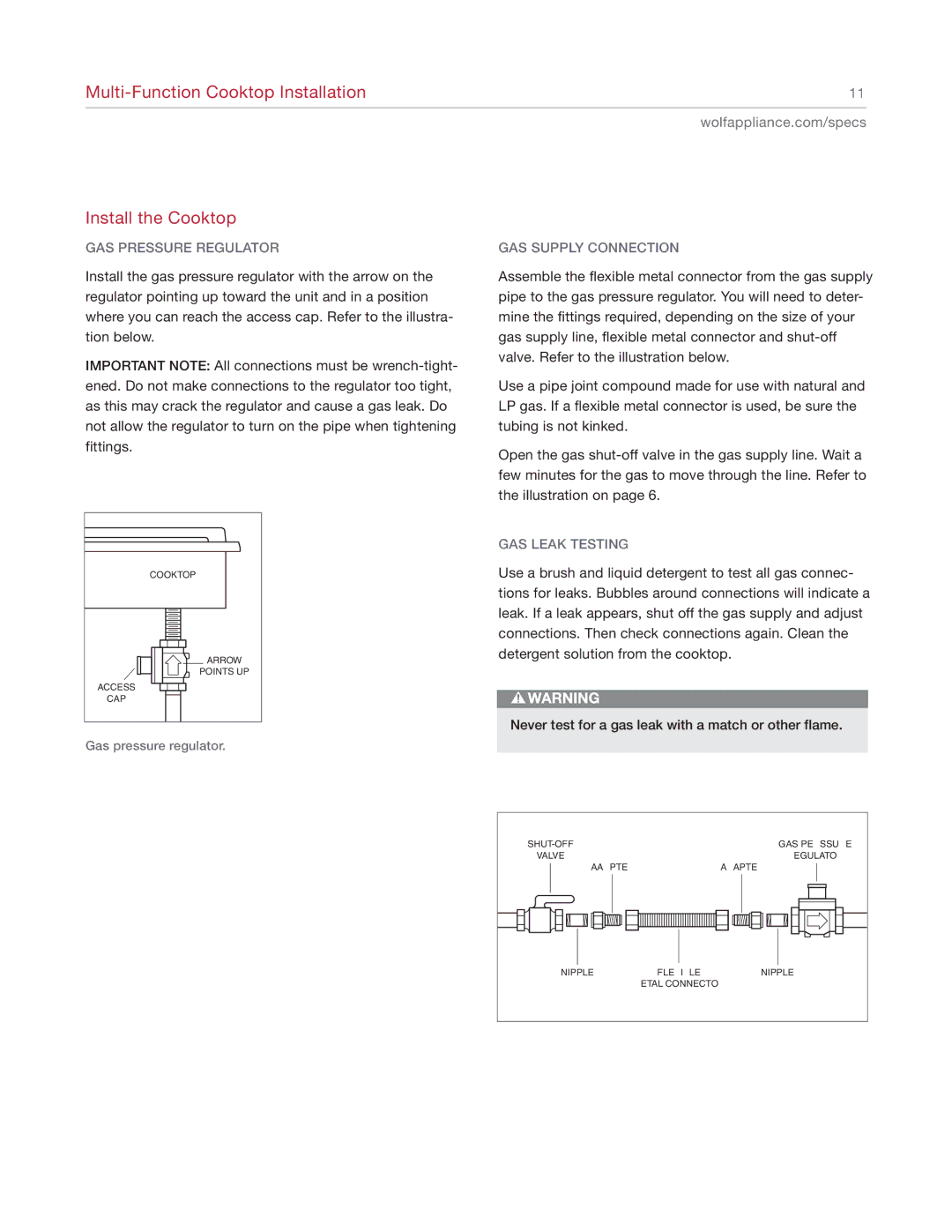 Wolf Appliance Company IM15 manual GAS Pressure Regulator, GAS Supply Connection, GAS Leak Testing 