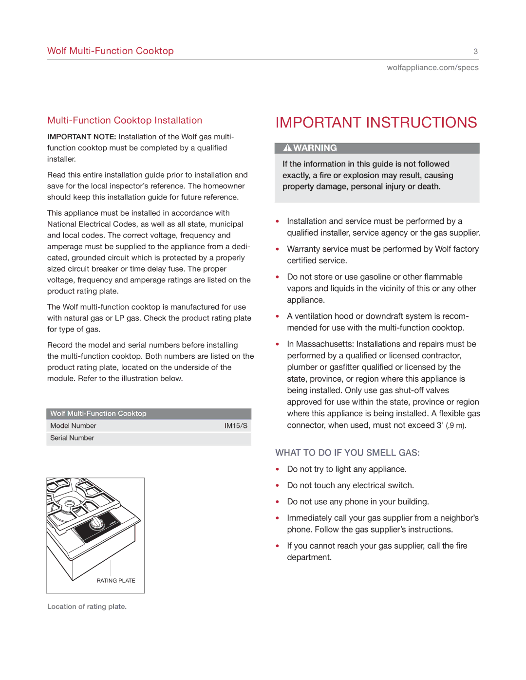 Wolf Appliance Company IM15 manual Important Instructions 