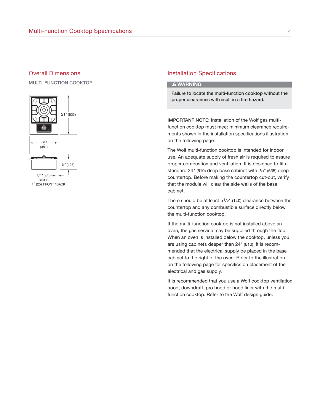 Wolf Appliance Company IM15 manual Multi-Function Cooktop Specifications Overall Dimensions, Installation Specifications 