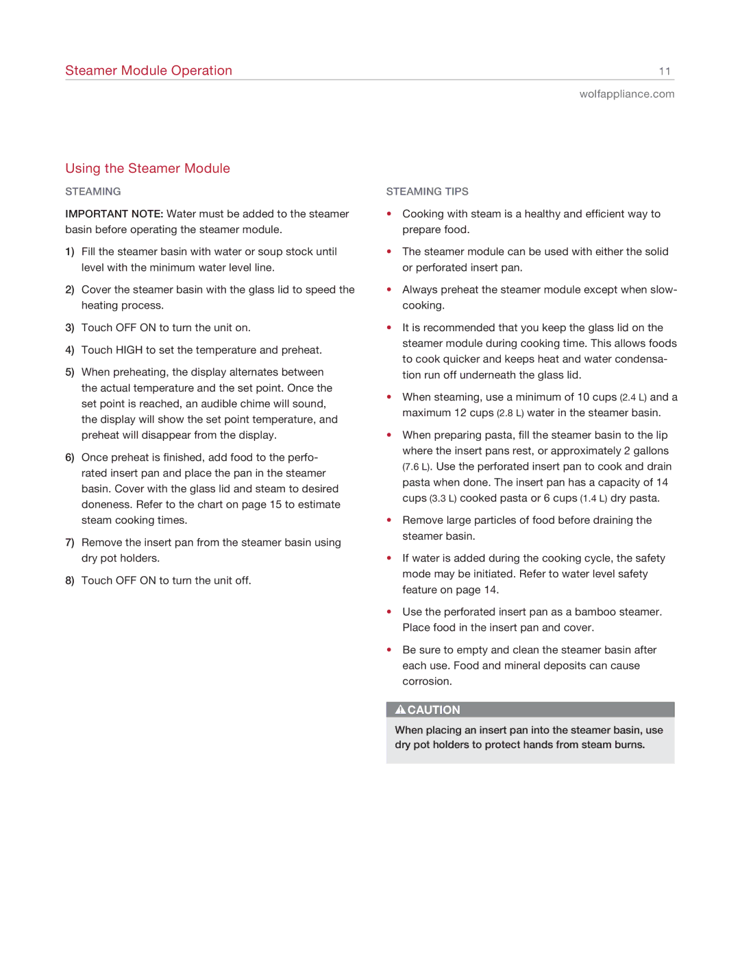 Wolf Appliance Company IS15/S manual Using the Steamer Module, Steaming Tips 