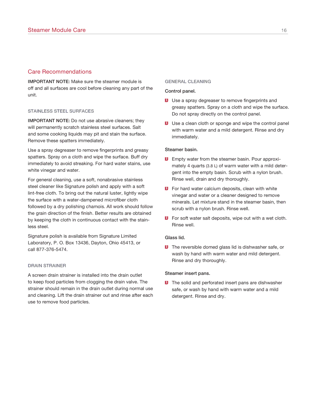 Wolf Appliance Company IS15/S manual Steamer Module Care Care Recommendations, Stainless Steel Surfaces 