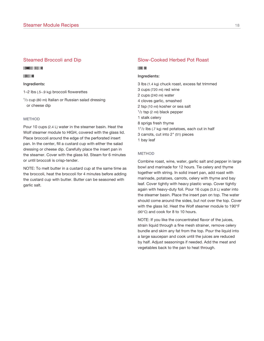 Wolf Appliance Company IS15/S manual Steamer Module Recipes Steamed Broccoli and Dip, Slow-Cooked Herbed Pot Roast 