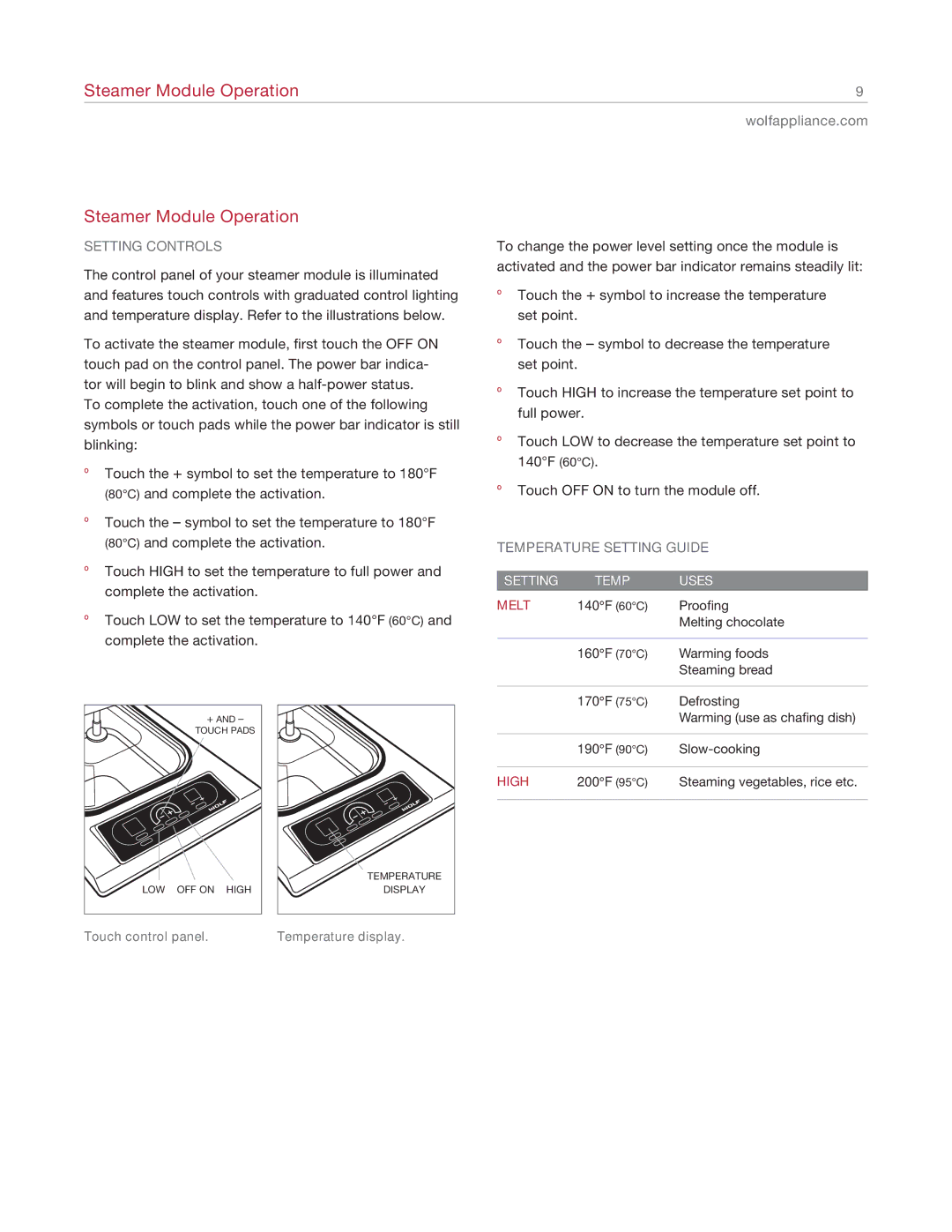 Wolf Appliance Company IS15/S manual Setting Controls, Temperature Setting Guide 