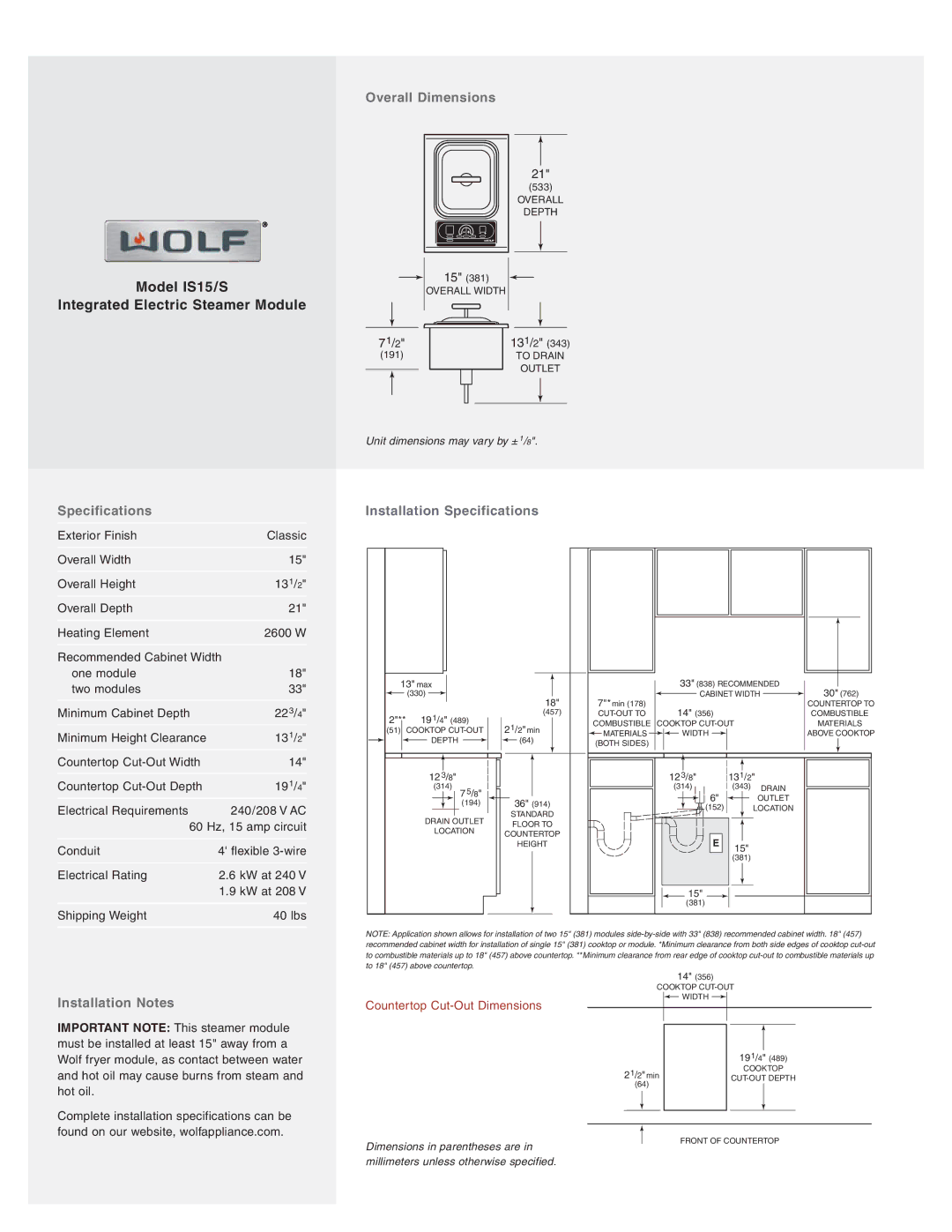 Wolf Appliance Company IS15/S manual Overall Dimensions, Specifications Installation Specifications, Installation Notes 