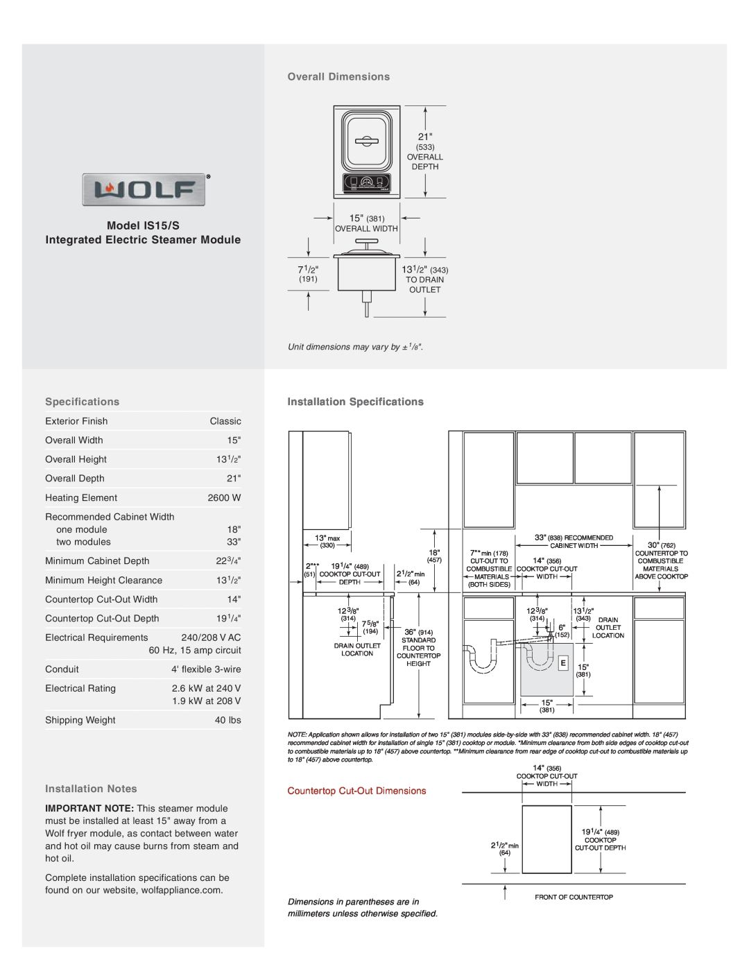 Wolf Appliance Company IS15/S manual Overall Dimensions, Installation Specifications, Installation Notes 