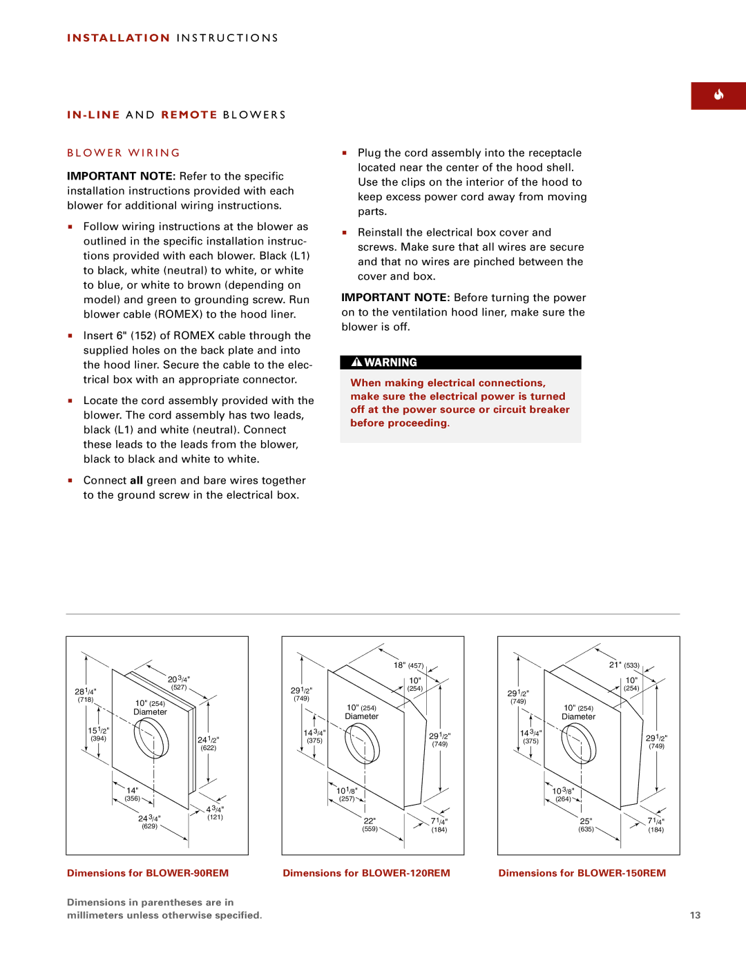 Wolf Appliance Company L402212, L582212, L342212, L522212, L462212 O W E R W I R I N G, Dimensions for BLOWER-90REM 