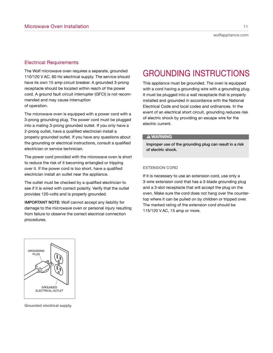 Wolf Appliance Company MW24 manual Grounding Instructions, Electrical Requirements 