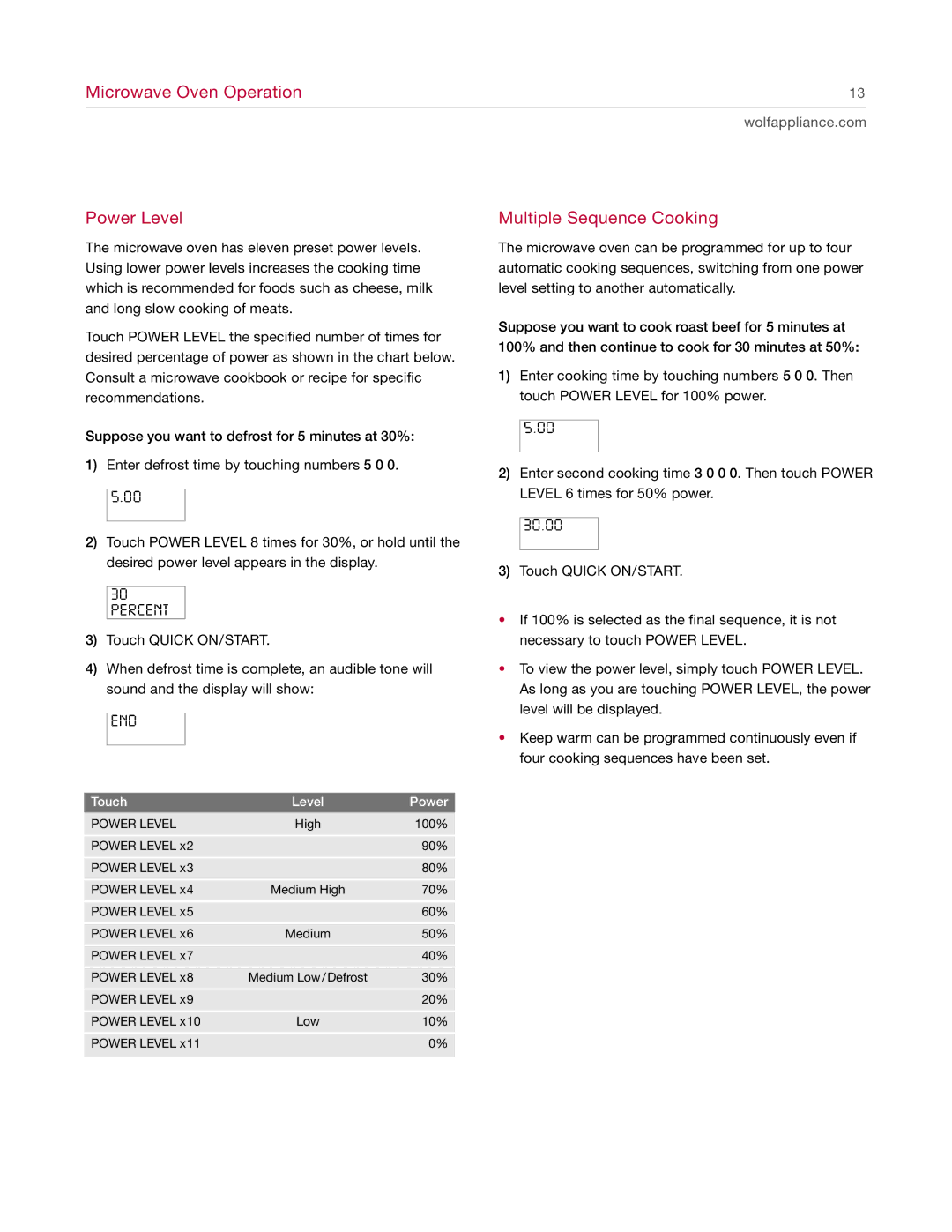 Wolf Appliance Company MW24 manual Power Level, Multiple Sequence Cooking 