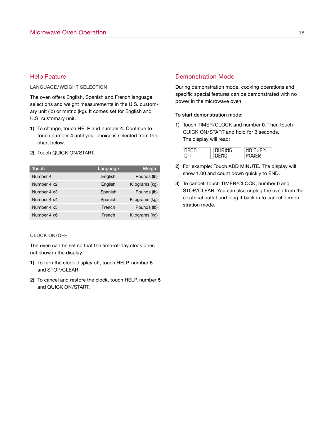 Wolf Appliance Company MW24 manual Demonstration Mode, LANGUAGE/ Weight Selection, Clock ON/OFF 