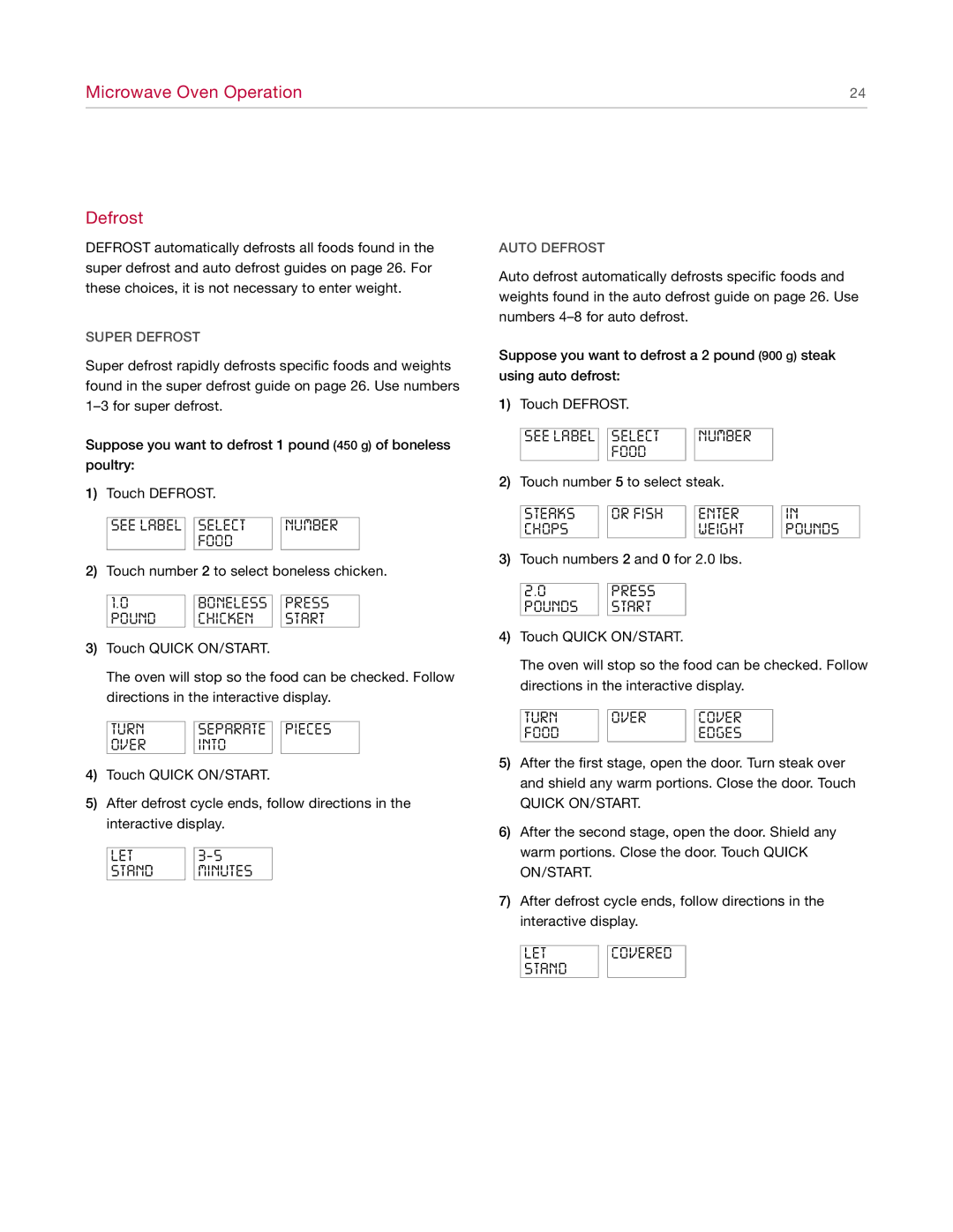 Wolf Appliance Company MW24 manual Microwave Oven Operation Defrost, Super Defrost, Auto Defrost 