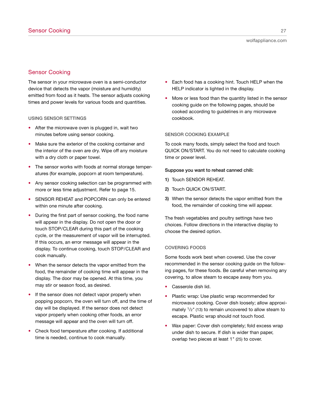 Wolf Appliance Company MW24 manual Using Sensor Settings, Sensor Cooking Example, Covering Foods 