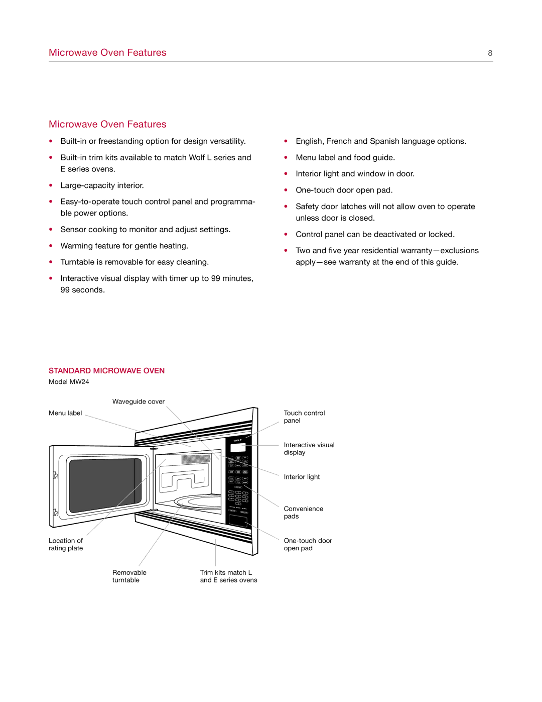 Wolf Appliance Company MW24 manual Microwave Oven Features, Standard Microwave Oven 