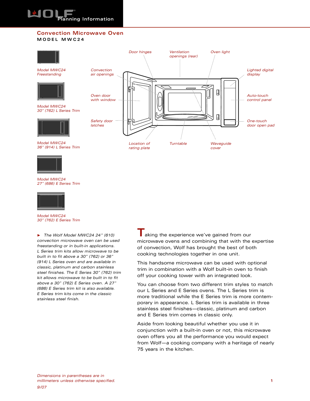 Wolf Appliance Company MWC24 dimensions Convection Microwave Oven 