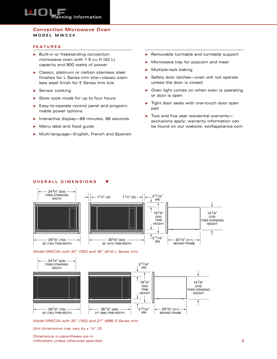 Wolf Appliance Company MWC24 dimensions A T U R E S, E R a L L D I M E N S I O N S 