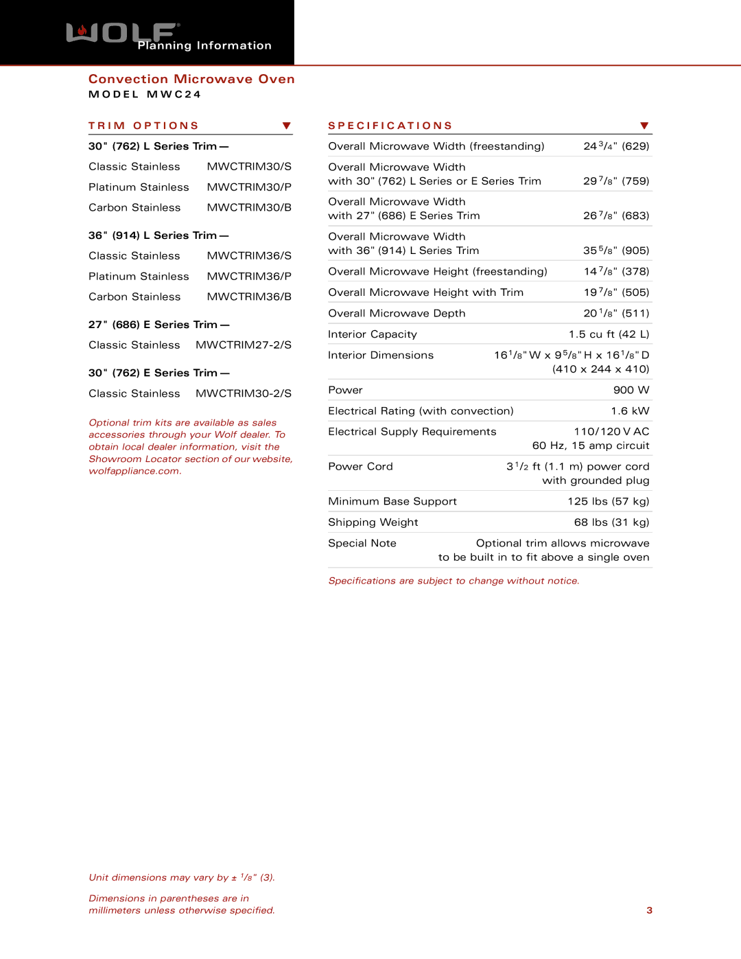 Wolf Appliance Company MWC24 dimensions I M O P T I O N S, Specification S 