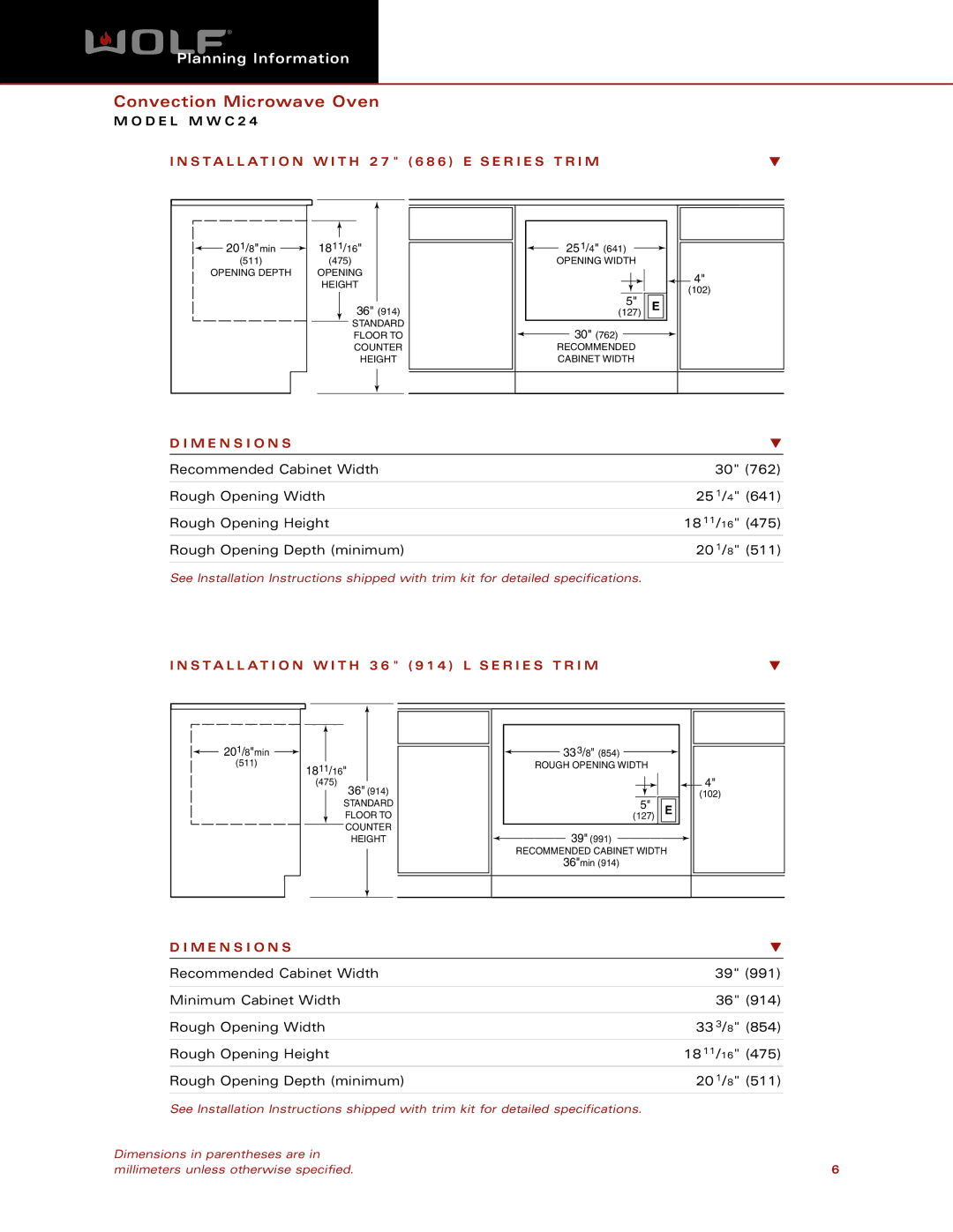 Wolf Appliance Company MWC24 dimensions Installation W I T H 2 7 6 8 6 E S E R I E S T R I M 