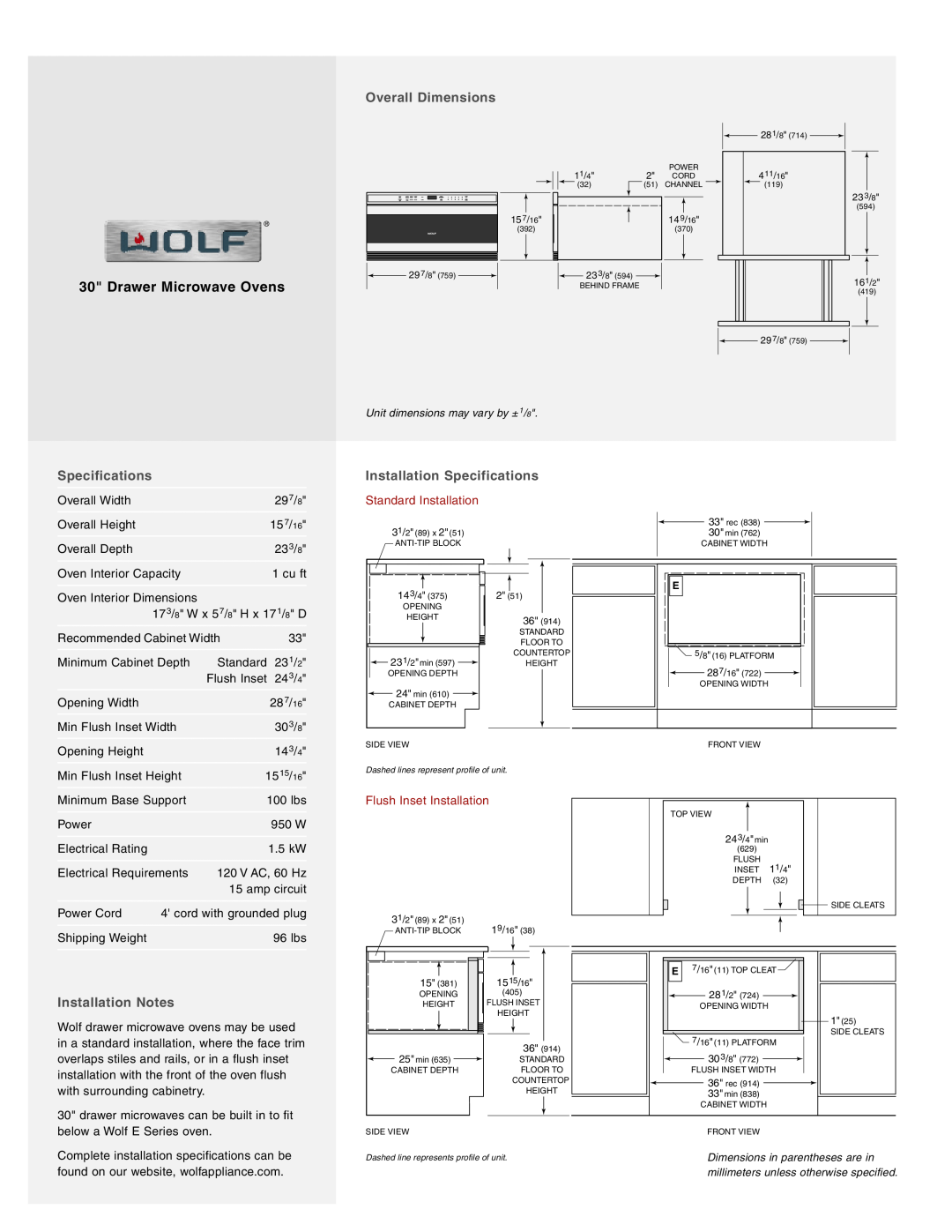 Wolf Appliance Company MWD30-2U/S, MWD30-2F/S manual Overall Dimensions, Installation Specifications, Installation Notes 