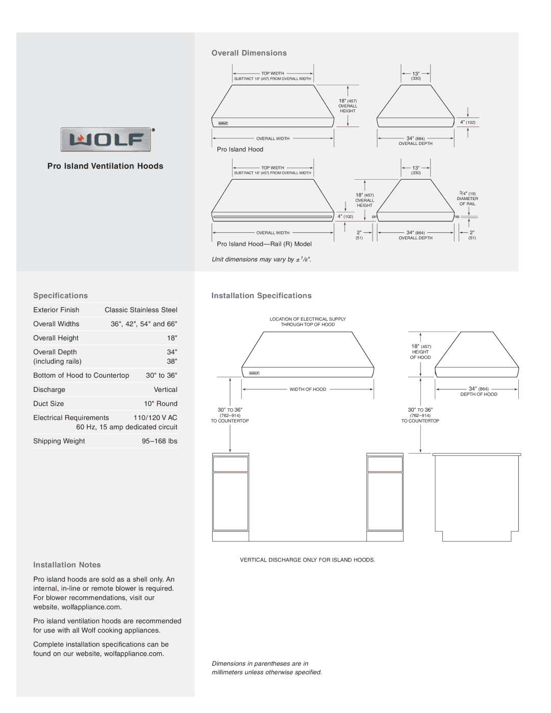 Wolf Appliance Company PI363418, PI423418 manual Overall Dimensions, Installation Specifications, Installation Notes 